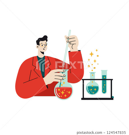 Scientist in a red lab coat conducting an experiment with colorful liquids in flat vector art Scientist in a red lab coat conducting an experiment with colorful liquids in flat vector art 124547835