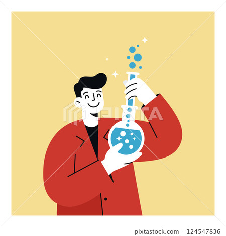 Scientist in a red coat joyfully holding a bubbling flask in a flat vector illustration 124547836