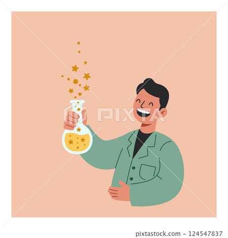 Chemist holding a glowing flask with sparkling stars in a minimal vector illustration Chemist holding a glowing flask with sparkling stars in a minimal vector illustration 124547837