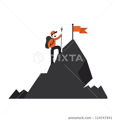 Adventurer reaching the summit of a mountain in flat, minimal vector illustration Adventurer reaching the summit of a mountain in flat, minimal vector illustration 124547841