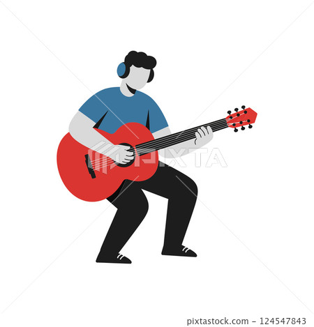 A young man playing a red guitar while wearing headphones in a flat vector illustration A young man playing a red guitar while wearing headphones in a flat vector illustration 124547843
