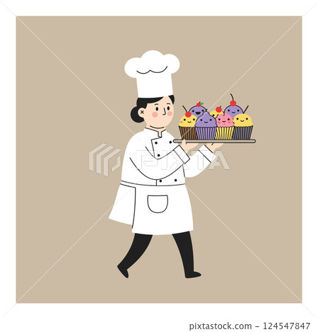 A cheerful chef carrying a tray of colorful cupcakes in a minimal vector illustration A cheerful chef carrying a tray of colorful cupcakes in a minimal vector illustration 124547847