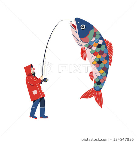 A fisherman in a red coat reeling in a colorful koi fish in minimal vector illustration A fisherman in a red coat reeling in a colorful koi fish in minimal vector illustration 124547856