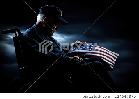 Dramatic Portrait of an Elderly Veteran in a Wheelchair with High Contrast Lighting 124547879