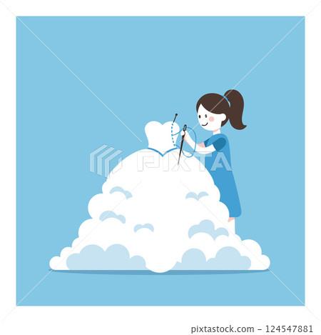 A girl sewing a beautiful dress made of clouds in a flat vector illustration 124547881