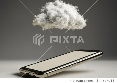 Abstract 3D Render of Smartphone Floating Below a Cloud in Minimalist Style 124547911