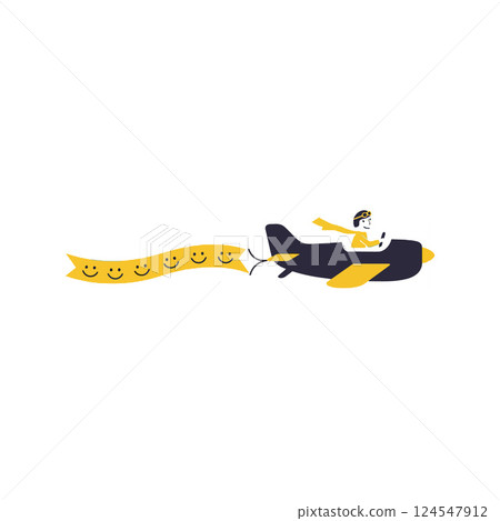 A cheerful pilot flying a small airplane with a banner of smiling faces in minimal vector illustration 124547912