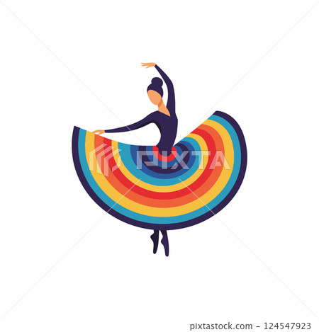 Colorful dancer in a swirling rainbow skirt performing gracefully in a flat vector art style 124547923