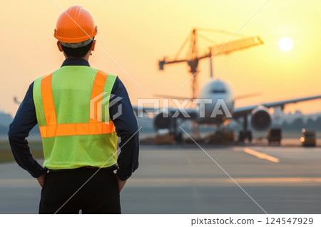 Engineer Observing Construction at Airport During Sunset with High Visibility Vest Engineer Observing Construction at Airport During Sunset with High Visibility Vest 124547929