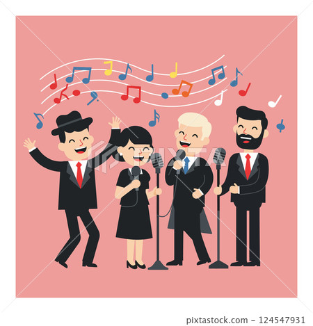 Four singers joyfully performing on stage in a flat cartoon style vector illustration Four singers joyfully performing on stage in a flat cartoon style vector illustration 124547931
