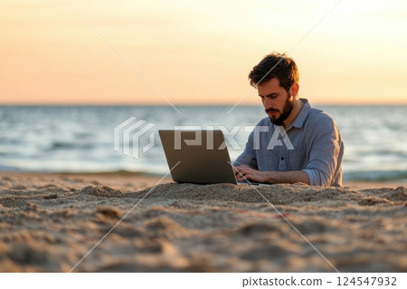 Digital Nomad Analyzing Cryptocurrency Trends at a Serene Beach Location 124547932