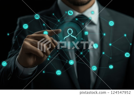 Business Professional Interacting with Futuristic Digital Advertising Concept Interface 124547952