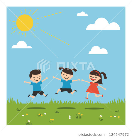 Three joyful children playing and jumping in a sunny park, flat vector illustration 124547972