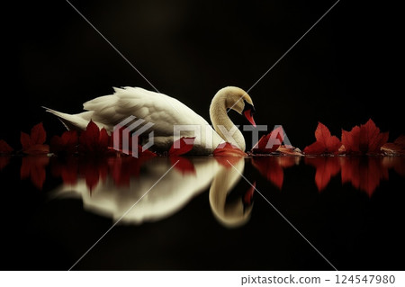 Elegant Swan Reflects in Calm Water Surrounded by Fall Leaves in Dark Setting Elegant Swan Reflects in Calm Water Surrounded by Fall Leaves in Dark Setting 124547980