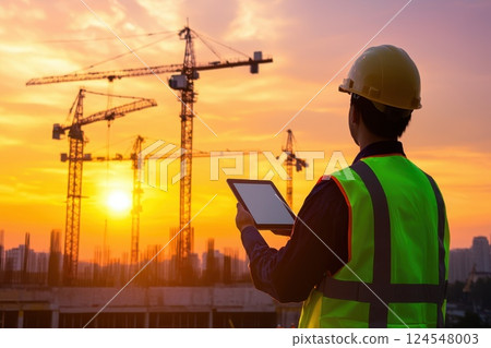 Wide Angle Shot of Massive Construction Site at Sunset with Worker Holding Tablet 124548003