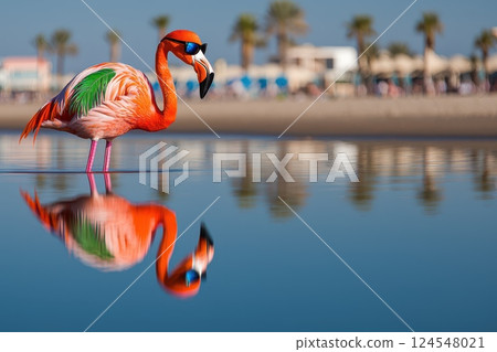 Cool Flamingo in Hawaiian Shirt Sunglasses Reflected in Calm Beach Water 124548021