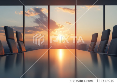 Modern Conference Room with Sunset View Over City Skyline in Business Atmosphere 124548040