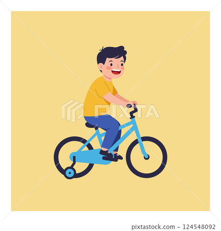 Happy boy riding a blue bicycle in a playful flat vector illustration 124548092