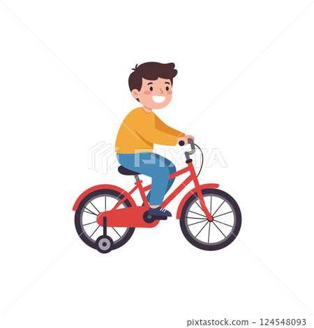 Happy boy riding a bright red bicycle in a cheerful flat vector illustration 124548093