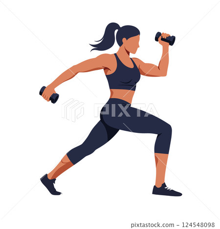 Dynamic woman exercising with dumbbells in sporty attire, flat vector illustration Dynamic woman exercising with dumbbells in sporty attire, flat vector illustration 124548098