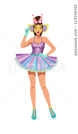 Colorful party girl in a sparkling outfit wearing oversized glasses, flat vector art 124548102