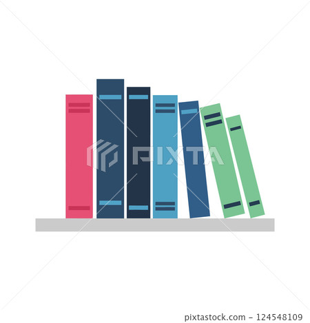 Colorful stacked books on a shelf in a minimal design style showcasing vector art 124548109