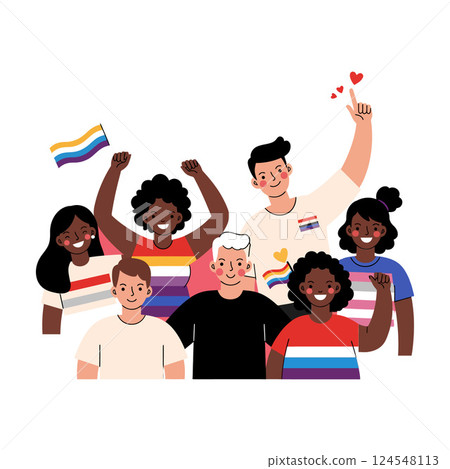 Group of diverse people celebrating pride with rainbow flags in a flat vector illustration Group of diverse people celebrating pride with rainbow flags in a flat vector illustration 124548113
