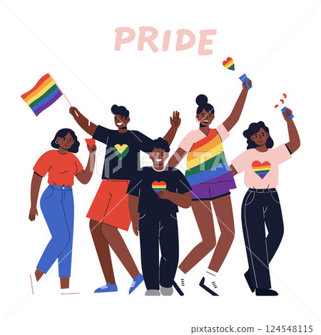 A diverse group of friends celebrating pride with colorful outfits and accessories in a flat vector illustration A diverse group of friends celebrating pride with colorful outfits and accessories in a flat vector illustration 124548115