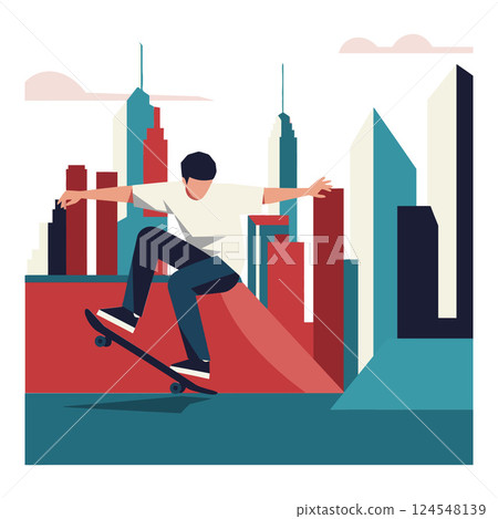 A young man performing a skateboard trick in a vibrant cityscape, flat vector illustration A young man performing a skateboard trick in a vibrant cityscape, flat vector illustration 124548139