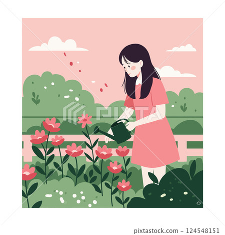 A young woman watering vibrant flowers in a lush garden, flat vector illustration A young woman watering vibrant flowers in a lush garden, flat vector illustration 124548151