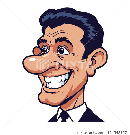 Cartoon-style illustration of a smiling man in a suit with exaggerated features and vibrant colors in vector art Cartoon-style illustration of a smiling man in a suit with exaggerated features and vibrant colors in vector art 124548157