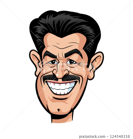 Cartoon-style character with a big smile and thick mustache in flat vector art Cartoon-style character with a big smile and thick mustache in flat vector art 124548158