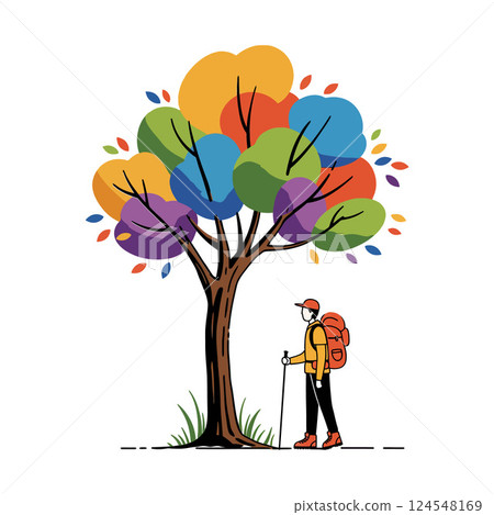 A hiker standing beside a colorful tree in a vibrant, flat design style vector illustration A hiker standing beside a colorful tree in a vibrant, flat design style vector illustration 124548169