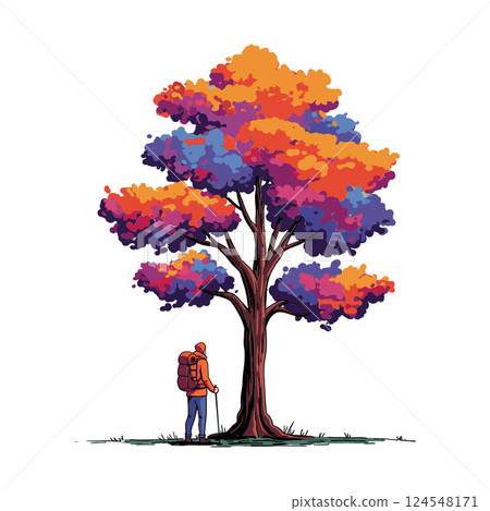 A hiker admiring a vibrant autumn tree in a colorful flat vector illustration A hiker admiring a vibrant autumn tree in a colorful flat vector illustration 124548171