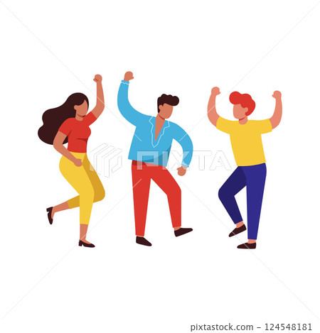 Three joyful friends dancing energetically in a vibrant flat vector illustration 124548181