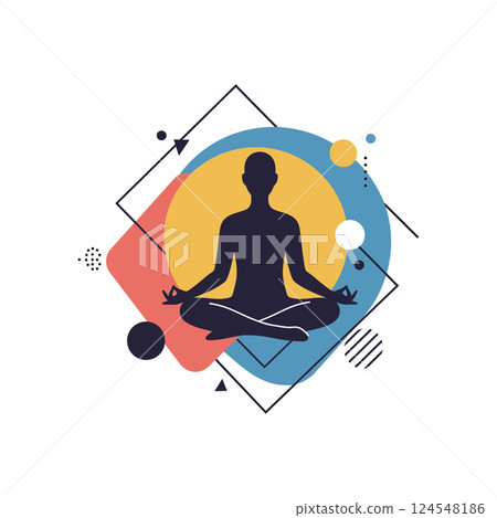 Silhouette of a person meditating in a serene posture with geometric shapes in a flat vector illustration Silhouette of a person meditating in a serene posture with geometric shapes in a flat vector illustration 124548186