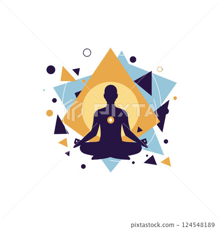 Meditating figure in lotus position surrounded by geometric shapes in flat design vector art 124548189