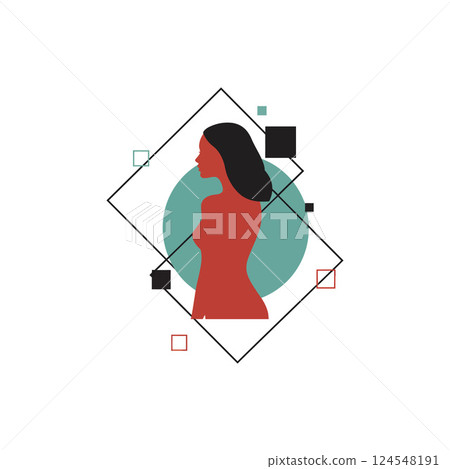 Silhouette of a woman in profile with geometric shapes and flat design elements in vector art 124548191