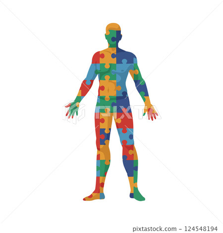 Colorful puzzle piece human silhouette in flat design representing diversity and unity vector art 124548194
