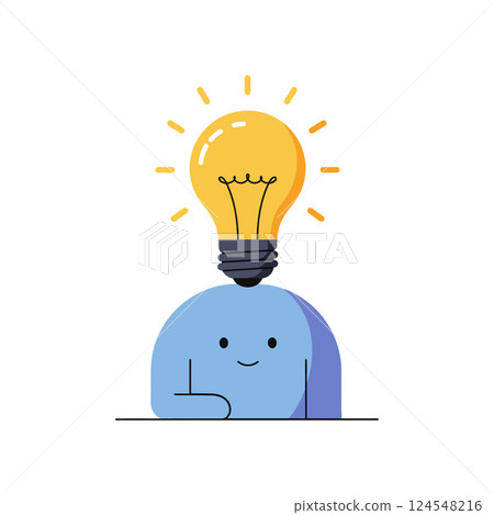 Cute blue character with a light bulb above its head in minimalist vector art Cute blue character with a light bulb above its head in minimalist vector art 124548216