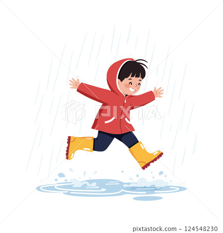 Happy child in red raincoat jumping through puddles in minimal vector illustration 124548230