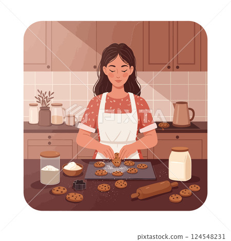 Woman baking cookies in a cozy kitchen with warm colors in flat vector art 124548231