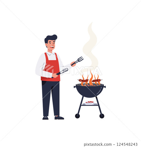 A cheerful man grilling meat over a barbecue in a flat vector illustration style 124548243