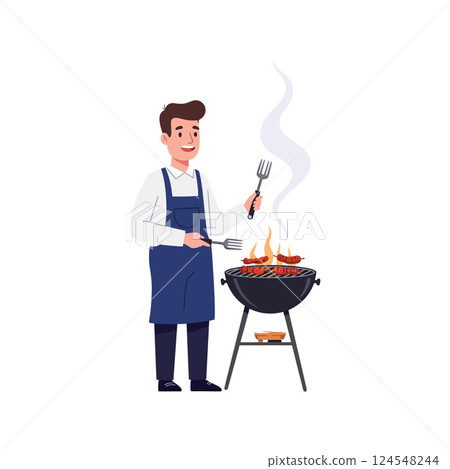 A cheerful man grilling meat outdoors in a blue apron showcasing a flat design vector art 124548244