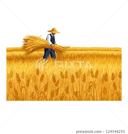Farmer harvesting golden wheat in a sunlit field with a straw hat, flat vector illustration 124548255