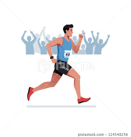 Runner in blue sportswear sprinting forward with cheering crowd in flat vector illustration 124548256