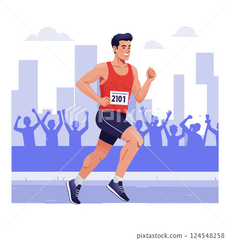 Runner in red tank top and shorts sprinting joyfully through a cheering crowd in flat vector art 124548258