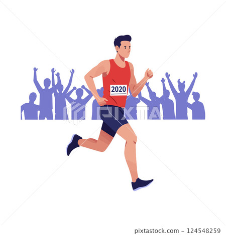 Runner in red jersey sprinting confidently towards a cheering crowd in flat vector art 124548259