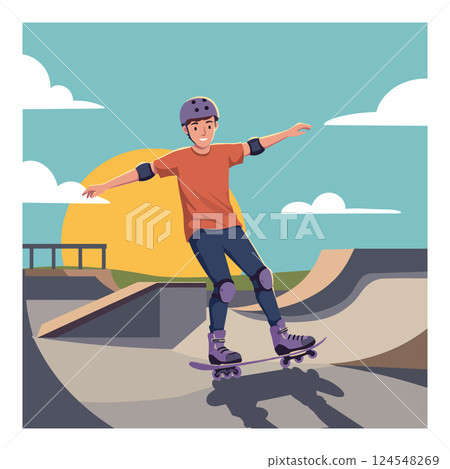 A young skateboarder performing tricks at a skate park during sunset in a flat vector illustration A young skateboarder performing tricks at a skate park during sunset in a flat vector illustration 124548269