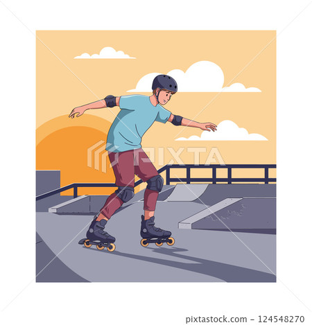 Young man skating on rollerblades in a skate park with a flat design style vector illustration Young man skating on rollerblades in a skate park with a flat design style vector illustration 124548270